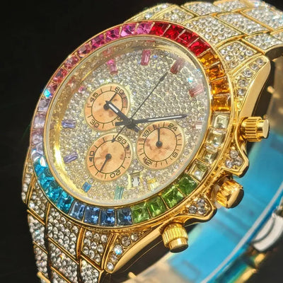 2025 Top Luxury Watch For Men Fashion Ice Diamond Hip Hop Rainbow Diamond Multifunction Man Quartz Wristwatch Gift Dropshipping