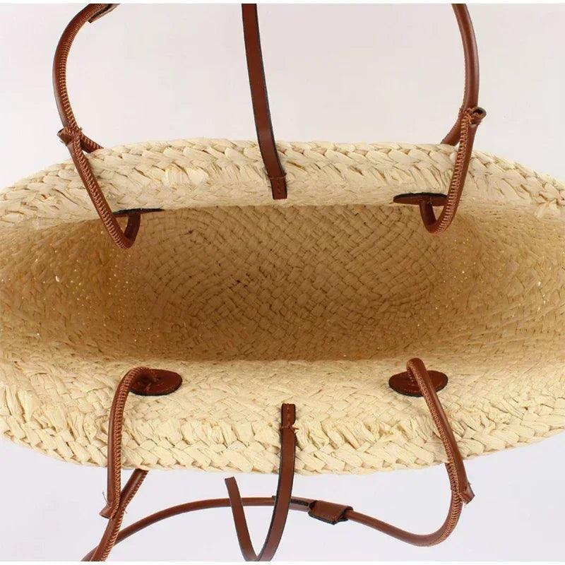 Designer bohemian chic shoulder bag,solid color large capacity straw woven tote bag,nature-inspired beach vacation