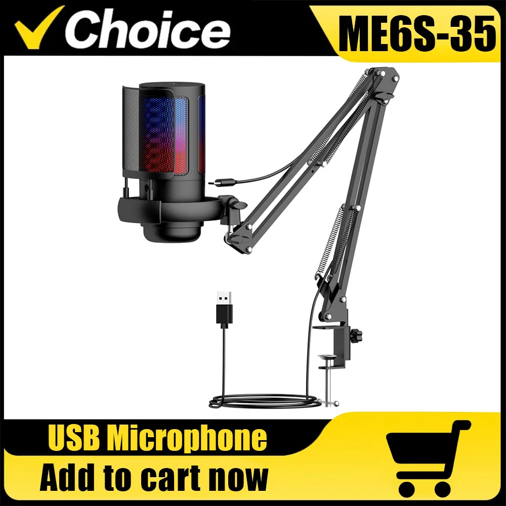 ME6S Gaming USB Microphone, Controllable RGB Lighting, With Cantilever Bracket, for Game Live Streaming and Audio Recording