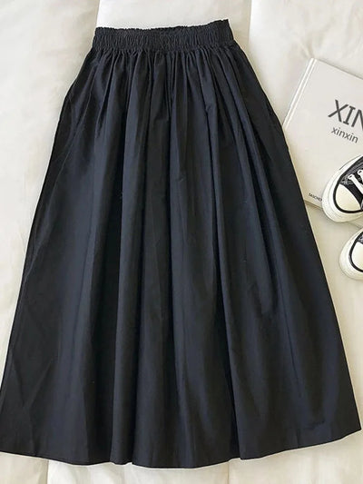 Women's White Long Skirt High Waist A-Line Knee-Length Fashion Pockets Pleated Casual Elegant Skirts for Autumn 2024