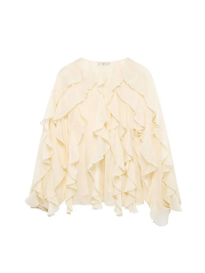 Women's Casual Ruffled Shirt Loose Lace Up Hollow Out V Neck Tops 2025 Spring Blouses Women Clothes