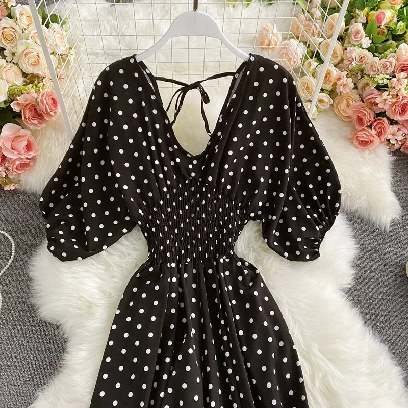 V Neck Sexy Dolman Sleeves Waist Slim Polka Dot Print Jumpsuit Women Wide Leg Trousers Jumpsuit