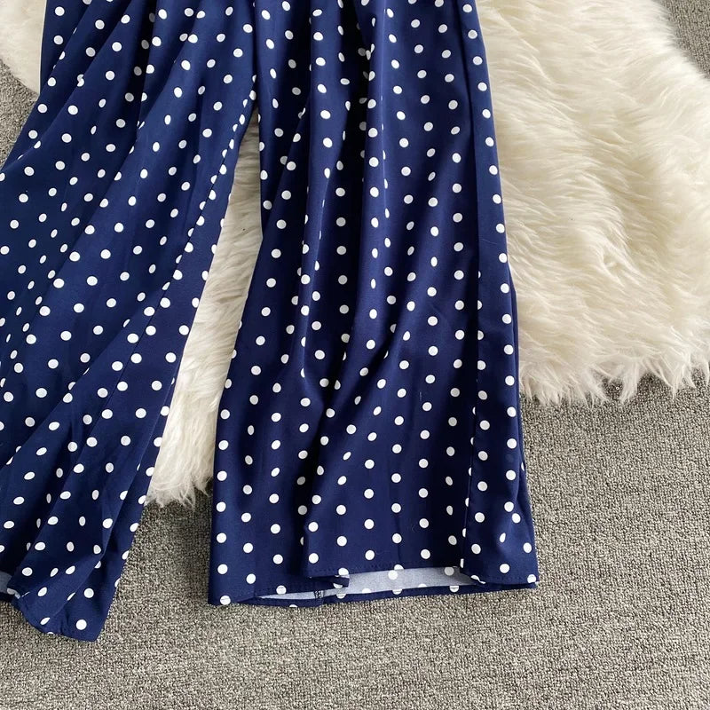 V Neck Sexy Dolman Sleeves Waist Slim Polka Dot Print Jumpsuit Women Wide Leg Trousers Jumpsuit