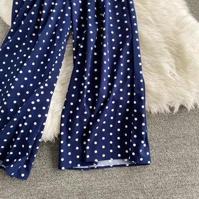 V Neck Sexy Dolman Sleeves Waist Slim Polka Dot Print Jumpsuit Women Wide Leg Trousers Jumpsuit