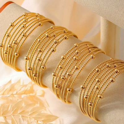 Statement Modern Luxury C Shape Stainless Steel Multi-Layers Gold Ball Beads Cuff Bracelet Bold Chunky Big Stack Bangles Jewelry