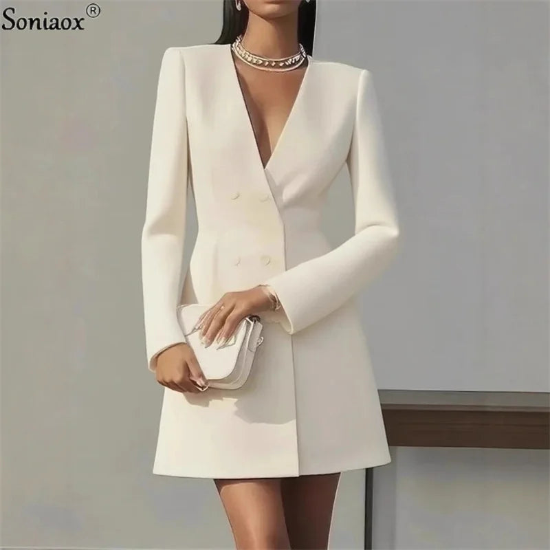 Women French Style Solid Blazers Dress Sexy Low Chest Autumn Streetwear Elegant Fashion Long Sleeve Casual Club Party Dress 2025