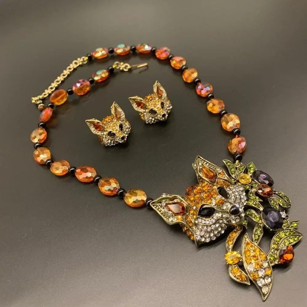 Luxury crystal cat necklace earrings beaded exaggerated rhinestones pendant accessories neck jewelry