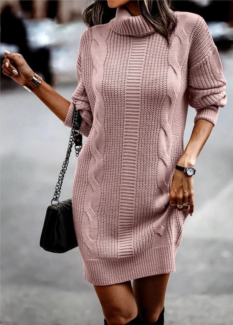 Fashion Turtleneck Wrap Hip Women Sweater Dress Solid Color Knitted Dresses Female Autumn Winter Casual Thickened Warm Mini Gown