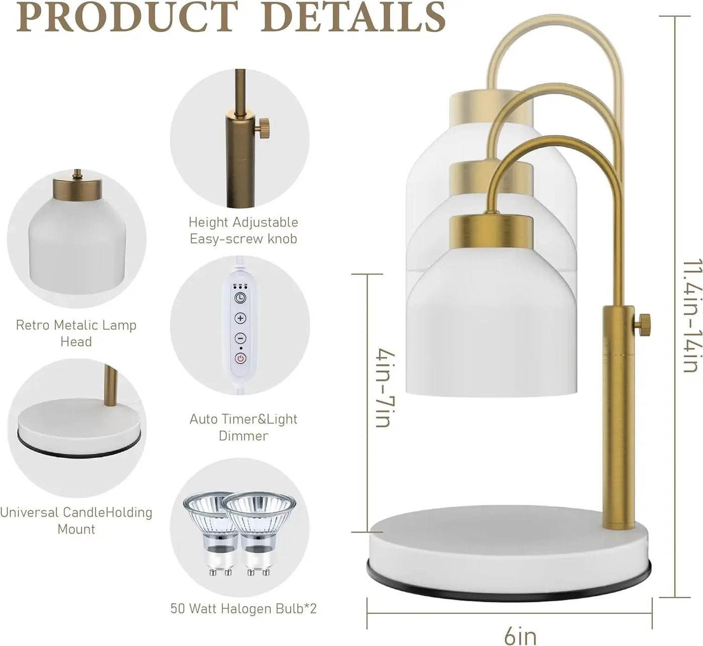 Candle Warmer Lamp, 2 Bulbs,Timer and Dimmer,Compatible with Large Yankee Candle Jars,3 Wick Candles,Height Adjustable Electric
