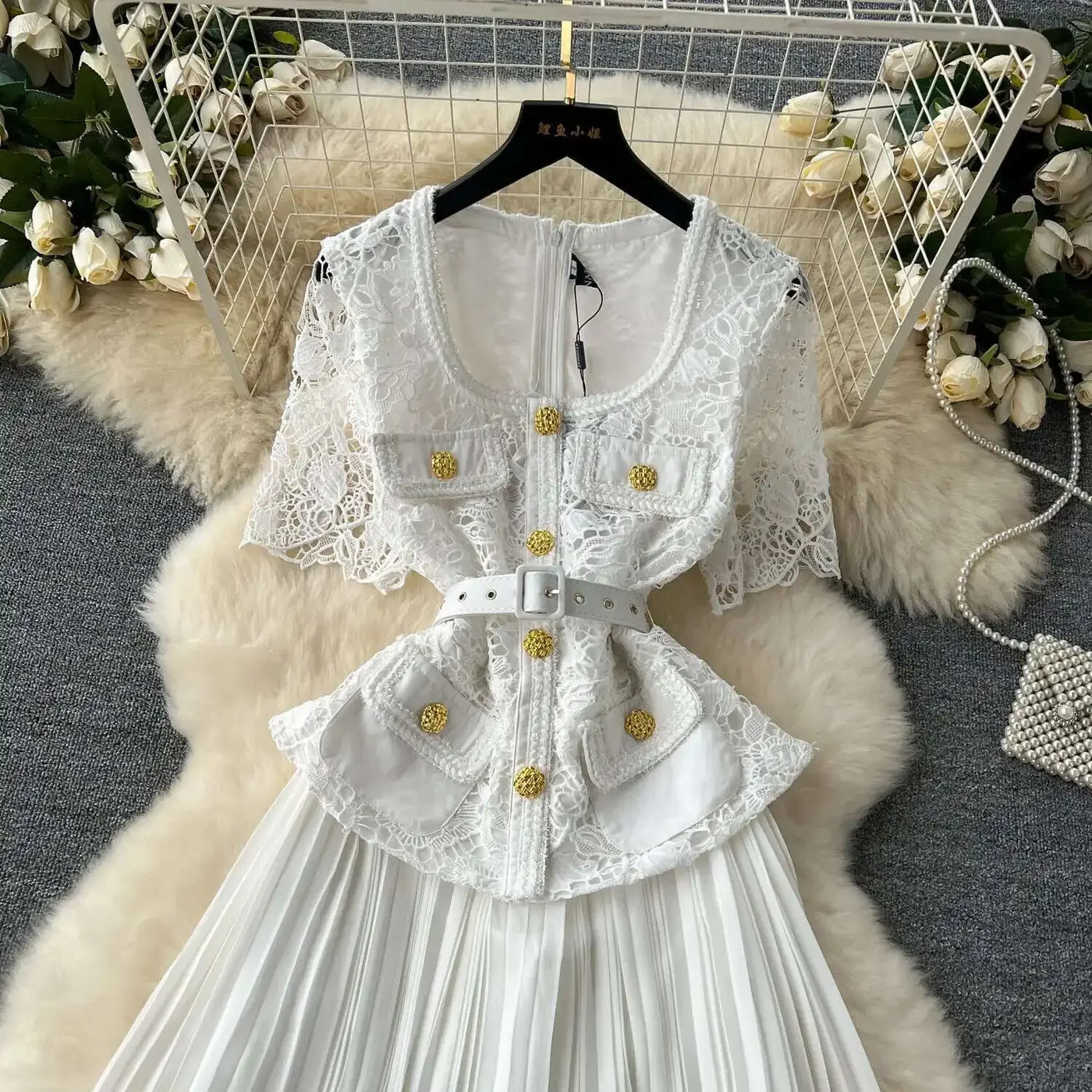 Designer 2025 Summer Pleated Chiffon Lace Long Dress Women Flower Embroidery Gold Button Belt Evening Party Dresses Wedding Robe