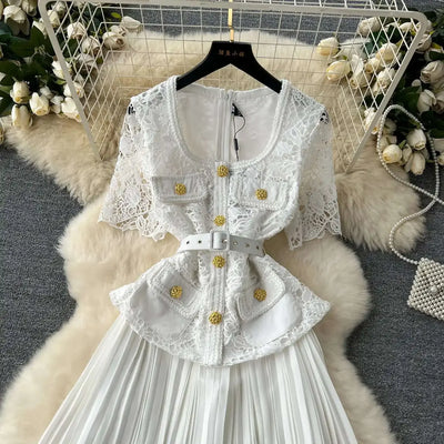 Designer 2025 Summer Pleated Chiffon Lace Long Dress Women Flower Embroidery Gold Button Belt Evening Party Dresses Wedding Robe