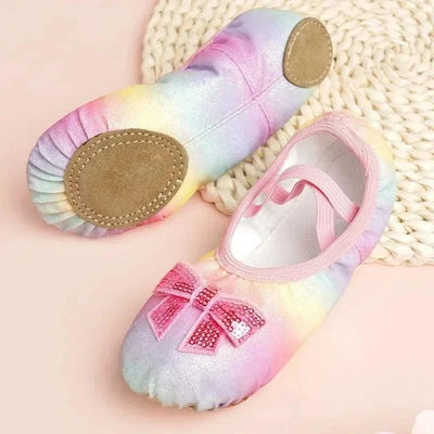 Children's Dance Shoes Girls Ballet Flats Shoes Rainbow Bow Sequins Leather Soft Soled Dance Performance Skate Sport Yoga Shoes