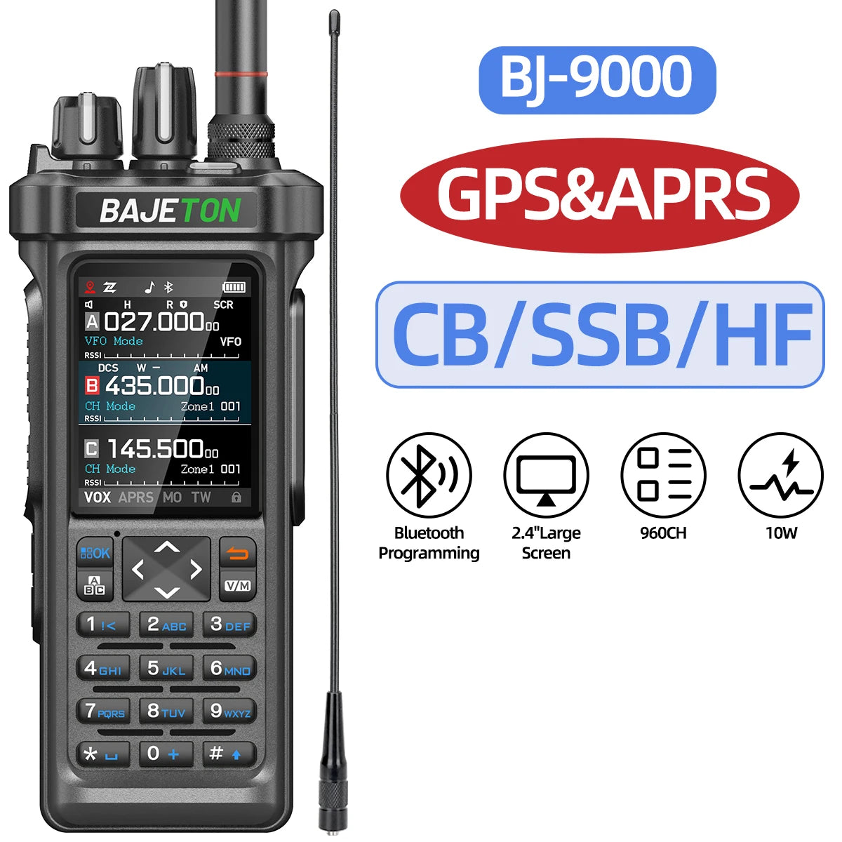 BAJETON BJ-9000 GPS APRS Walkie Talkies 10W CB 27Mhz CB/SSB/HF Receive Bluetooth Programming NOAA ShortWave For RT-950 Ham Radio