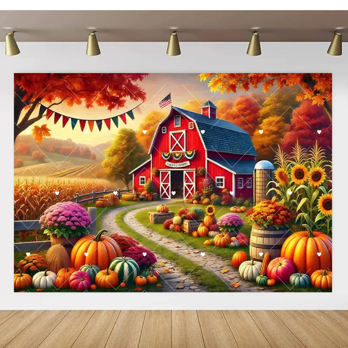 Autumn Thanksgiving Party Photo Backdrop Farm Harvest Maple Leaves Sunflowers Scarecrow Pumpkin Backdrop Poster Studio Photozone