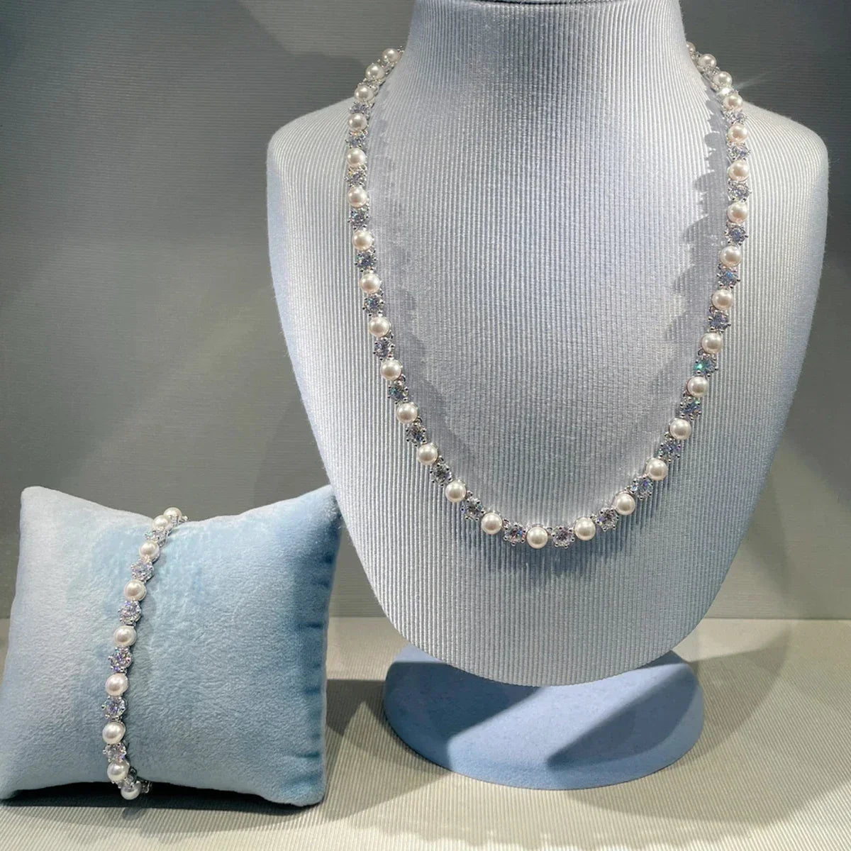 2025 New Trend Fine Jewelry Sets Charming White Geometric Crystal Fashion Pearl Necklace Ring Earrings Romantic Gift for Women