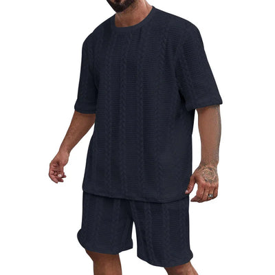 2025 Summer Casual Shorts Sets Knitted Jacquard Two Pieces Men's Tracksuit Solid O-neck Short Sleeve T-shirts+Shorts Streetwear