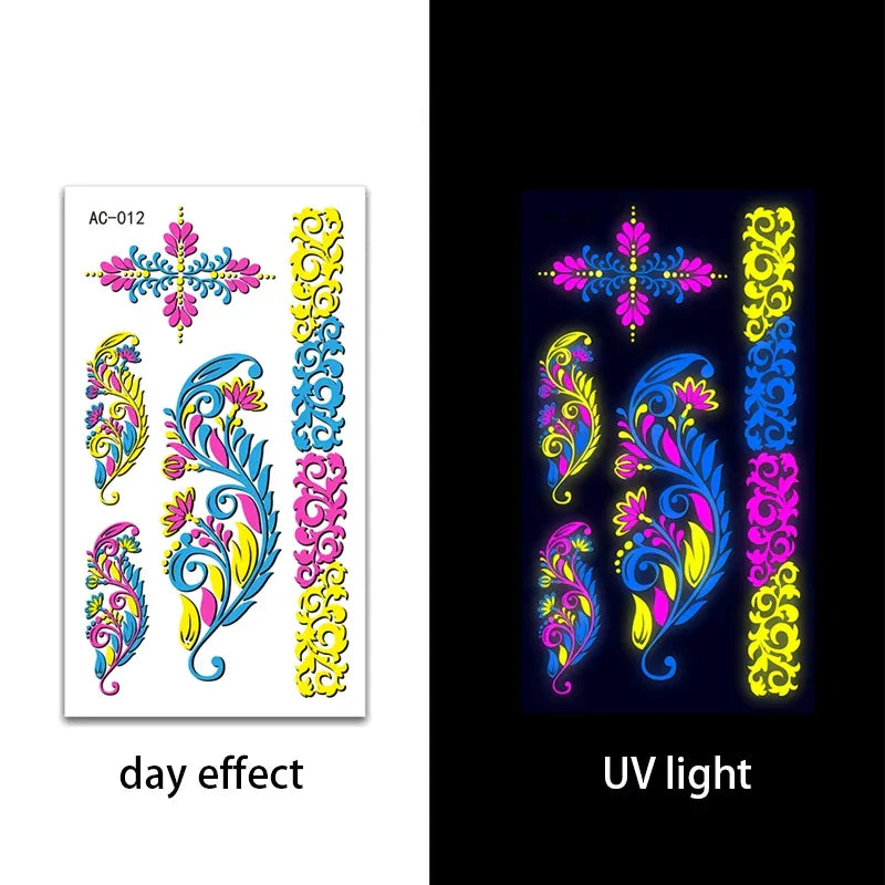 Temporary Fluorescent Tattoos Flower Feather Animals Pattern Body Arm Leg Face Stickers Night Bar Party Music Festival