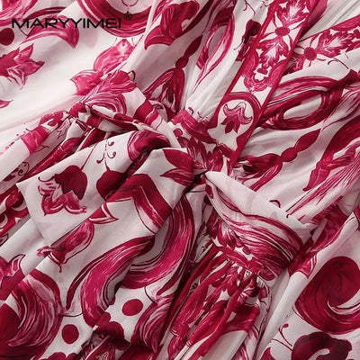 Seifrmann Spring Autumn Designer Women's V-neck Flying sleeve Lace up Print Loose Holiday robe Dresses