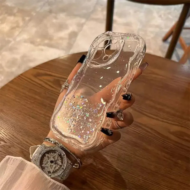 Glitter Wavy Lines Phone Case For iPhone 16 15 14 13 12 Pro Max Bumper Transparent Cases Cover