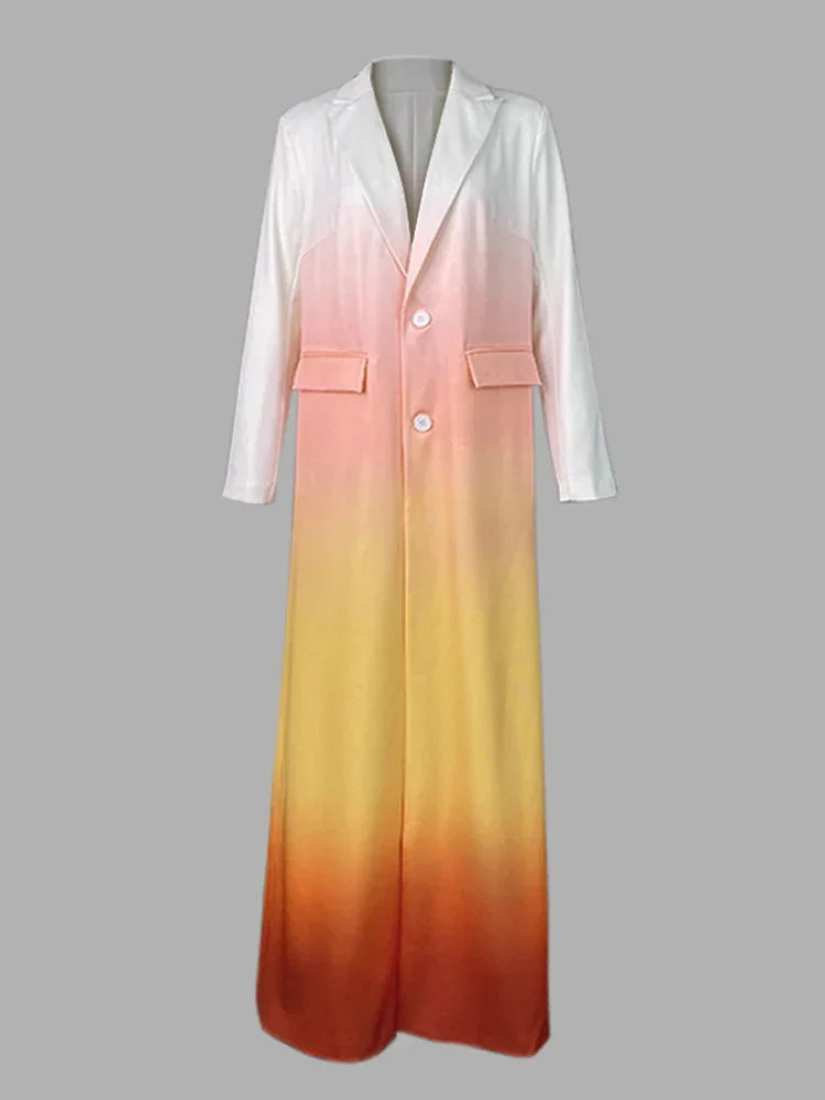 Beautyblue Gradient Outerwear Long Blazer for Women 2025 New Fashion Buttoned Pockets Chic Notched Collar Elegant Woolen Coats