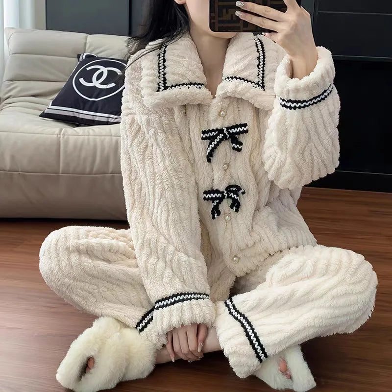 Women Fall Winter 2/pce Set Pajamas Flannel Loungewear Women Coral Thickened Fleece Sweet Princess Style Thermal Clothes Pajama