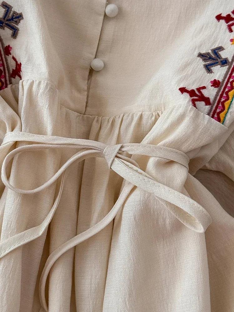 European American Style Women's New Cotton Linen 2024 Fashionable Lace Up Waist Slimming Patchwork Embroidered Short Dress A132