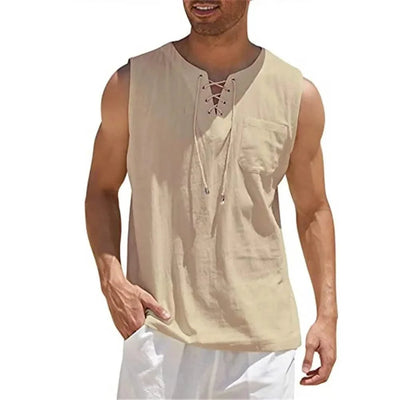 Summer Linen Shirts Men's Casual Leeveless Vest Bandage Lace Up Blouse Retro V Neck Fashion Loose Shirt Male SolidColor Tees Top