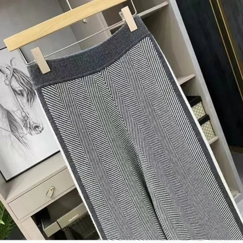Wide Leg Pants Women Autumn and Winter High Waist Loose Striped Knitted Tweed Casual Straight Drag Pants Outer Wear Korean New