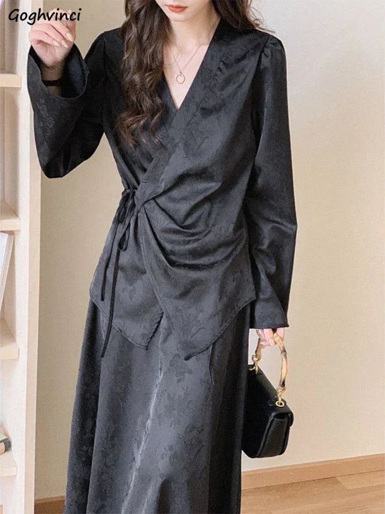 Black Dresses Women Long Sleeve Slim Fit Design Spring Temper Chineses Chic All-match Vintage Fashion Ladies High Waist Vestido