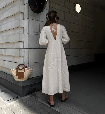 Retro Cotton Linen Women'S Summer Dress Sexy V-Neck Puff Sleeve Long Maxi Birthday Graduation Dresses Beach Sundress Robe Femmes