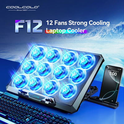COOLCOLD Laptop Cooling Pad with 12 Quiet Fans,12-17.3 Inch Gaming Laptop Cooler Stand with Two USB Ports & Phone Holder