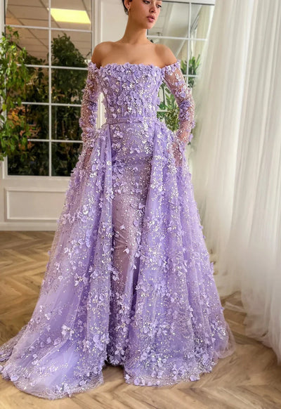 Elegant 3D Flower Evening Dress with Detachable Skirt 2025 Luxury Mermaid Long Sleeves Formal Prom Wedding Party Gown Customized