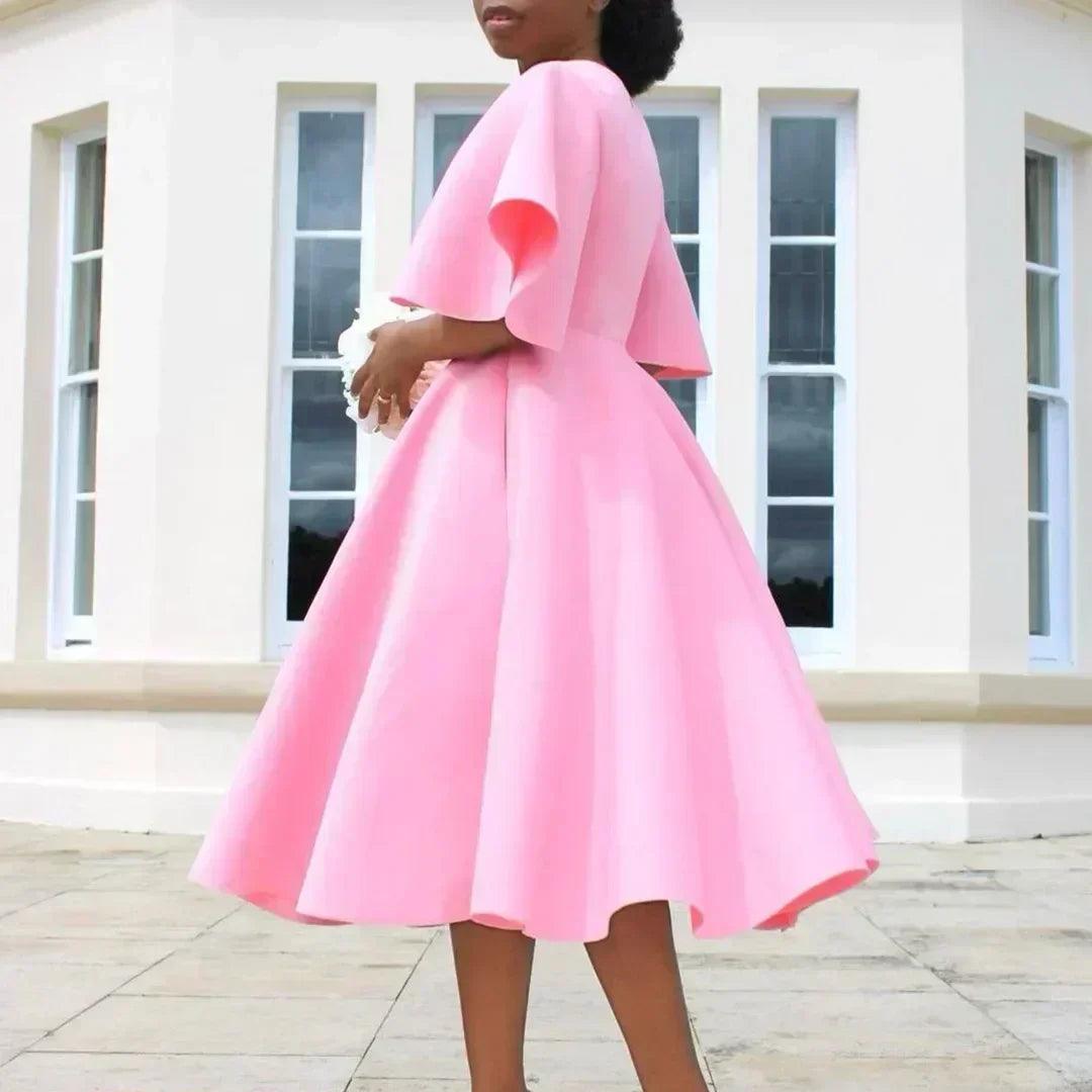 Elegant party dresses for women v neck ruffles sleeve high waisted pleated mid calf luxury birthday dinner vestidos