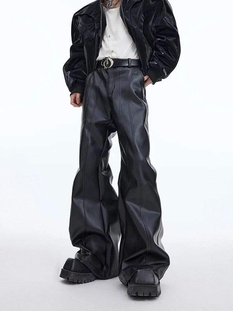 Mauroicardi Autumn Cool Handsome Long Black Matte Baggy Pu Leather Wide Leg Pants for Men High Waist Emo Luxury Designer Clothes