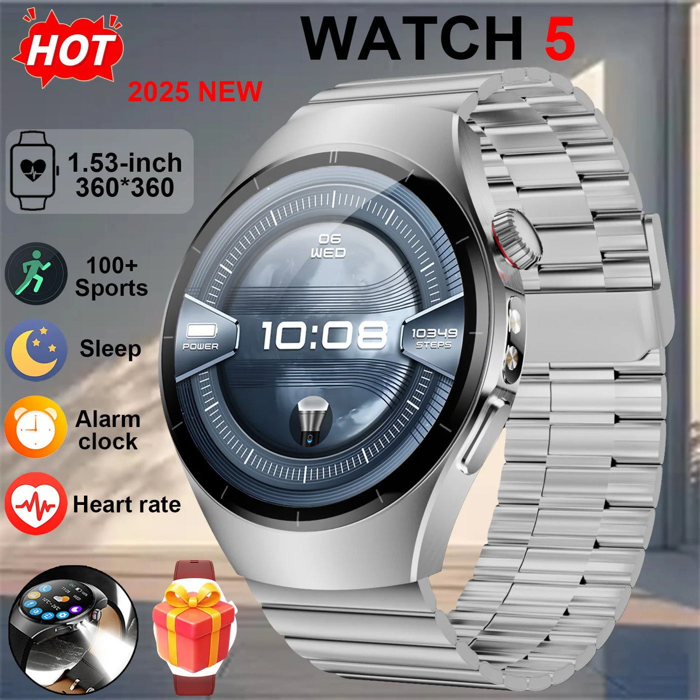 Smart Watch5 1.53-inch HD Display LED Lighting IP68 Waterproof Music Playback Weather Health Assistant AI Voice 100+ Sports Mode