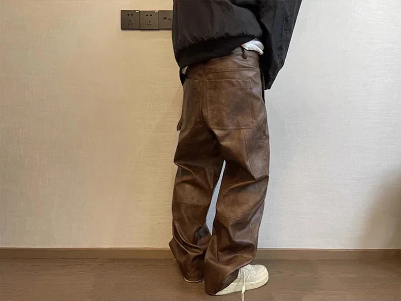 Mauroicardi Autumn Long Retro Cool Baggy Distressed Washed Brown Soft Pu Leather Wide Leg Pants for Men Luxury Designer Clothes