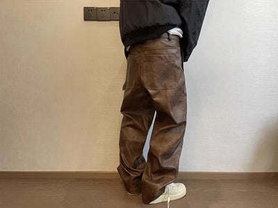 Mauroicardi Autumn Long Retro Cool Baggy Distressed Washed Brown Soft Pu Leather Wide Leg Pants for Men Luxury Designer Clothes