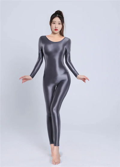 Women's Sexy Yoga Shaper Jumpsuit Dance SM Wear Oil Glossy High Elastic Long Sleeves Bodysuit Sheer Slip Satin Slimming Tights