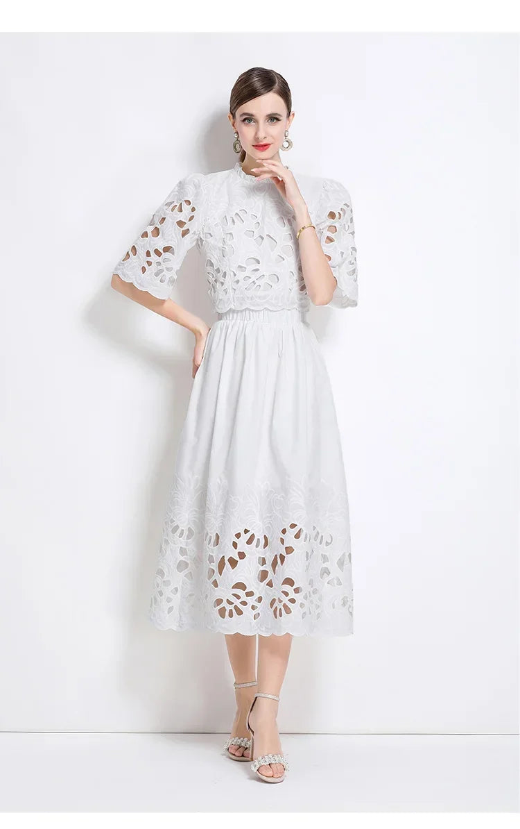 Summer Short Sleeve A-LINE Set Skirt for Women Fashion Ruffled Collar Embroidery Set Skirt Women Vestidos De Verano Mujer Q344
