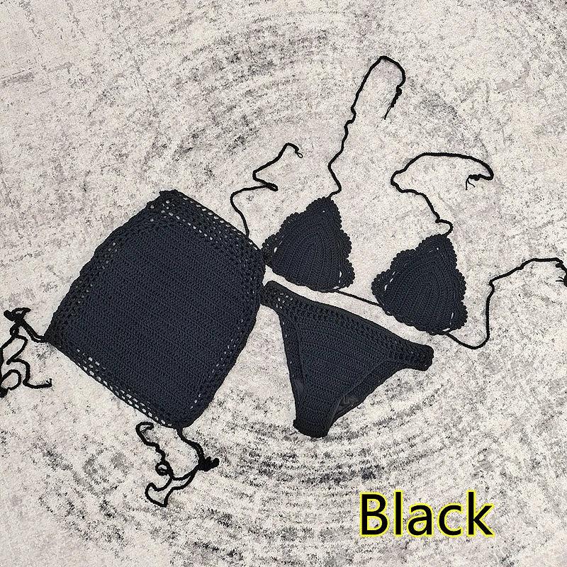 3 Piece Hand Crochet Beach Bikini Set Women Swimwear Cover UP Mini Skirt Swimsuit Suit