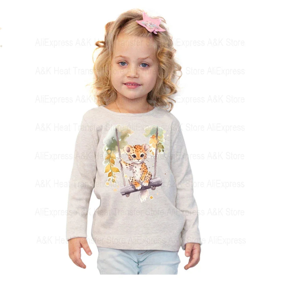 Baby Animal On Swings Heat Transfers For Kids Clothing Elephant Tigers Lion Stickers On Clothes Diy Thermal Patches Decals