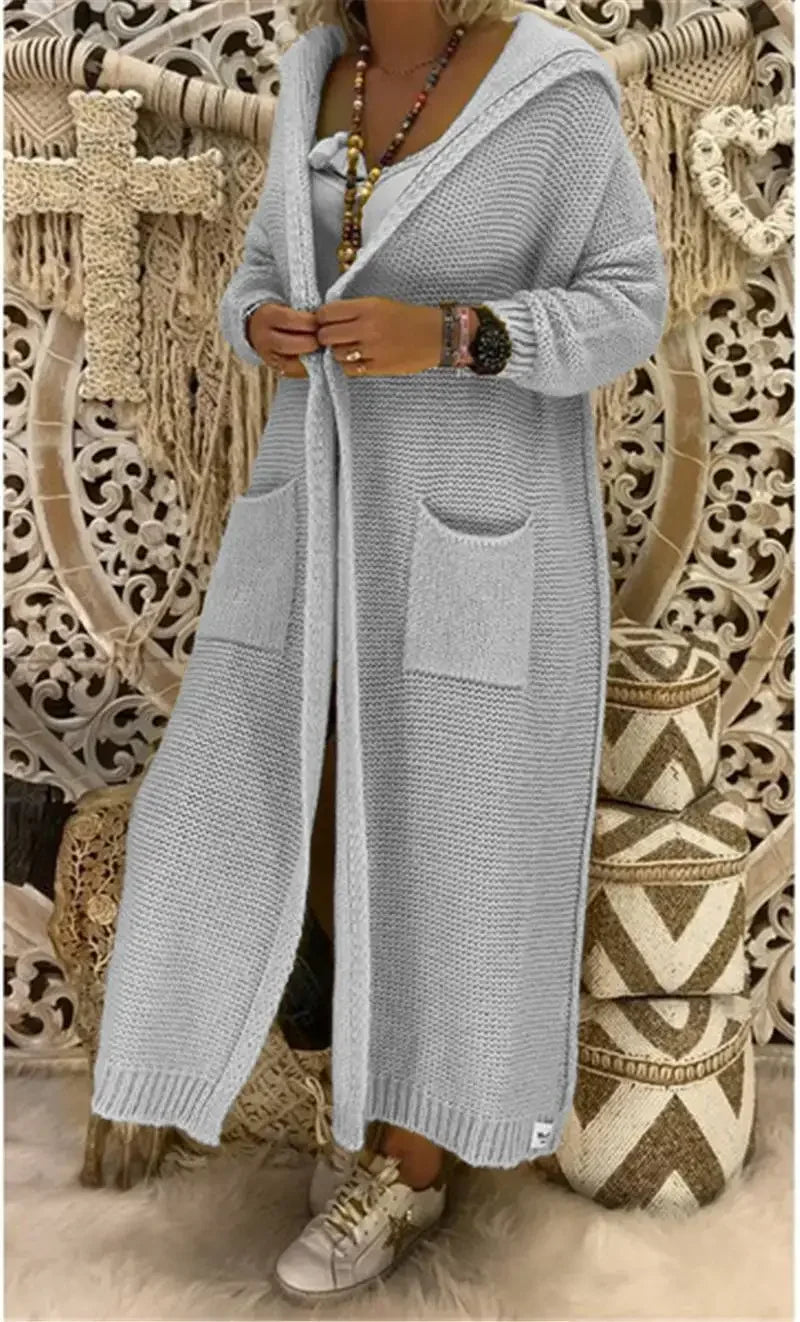 Long Sweater Women Knitted Cardigan Autumn Winter Solid Color Loose Hooded Pocket Casual Fashion Sweaters Lugentolo