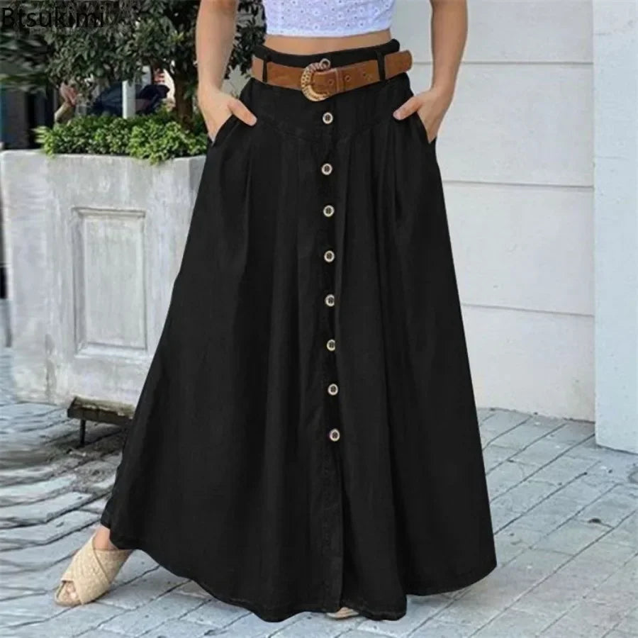 New 2025 Long Skirts for Women Oversized Spring Summer Button Sundress Casual High Waist Skirt Solid Female Elegant Party Robe