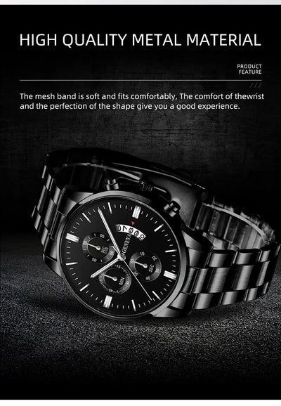 Fashion Mens Watches Luxury Black Stainless Steel Quartz Wrist Watch Man Business Watch for Men Calendar Clock Reloj Hombre