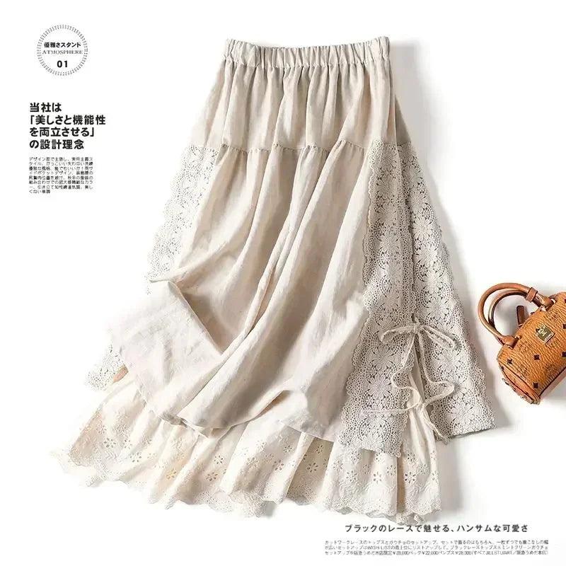 Vintage chic embroidery linen cotton long skirts women summer elastic high waist pleated maxi skirt female elegant