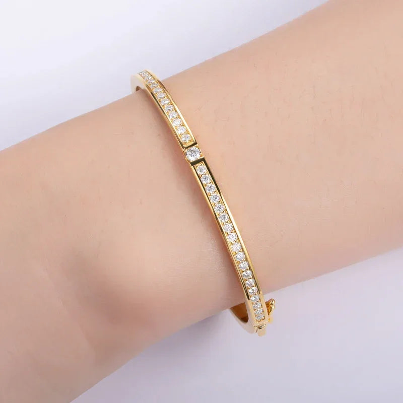 3mm Width Moissanite Bangle for Women Solid Yellow Gold 925 Silver Round Full Tennis Bracelet