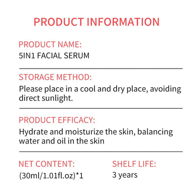 5 In 1 Fade fine lines Firming Face Serum Moisturizing brightning Vitamin C Hyaluronic Acid Facial Serum Shrink Pores Skin Care