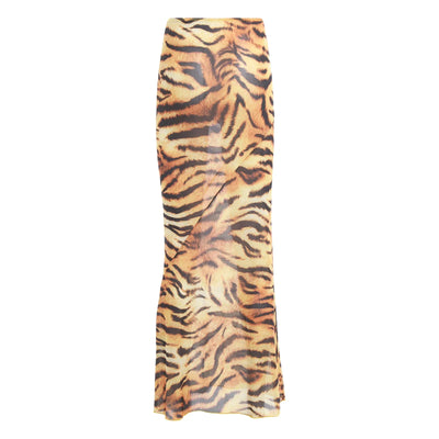 Womens Sheer Mesh Fishtail Wrap Hip Long Skirt Printed Leopard Maxi Skirt Female Vintage Costume High Waist Bodycon Cover Up