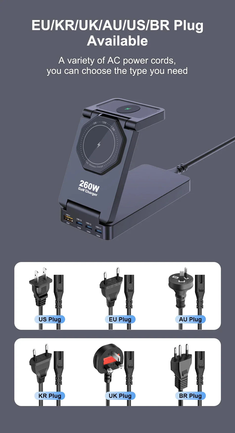 260W Magnetic Wireless Charging Station GaN USB TypeC Charger PPS PD Fast Charge For iPhone 16 15 IWatch AirPods Foldable Holder