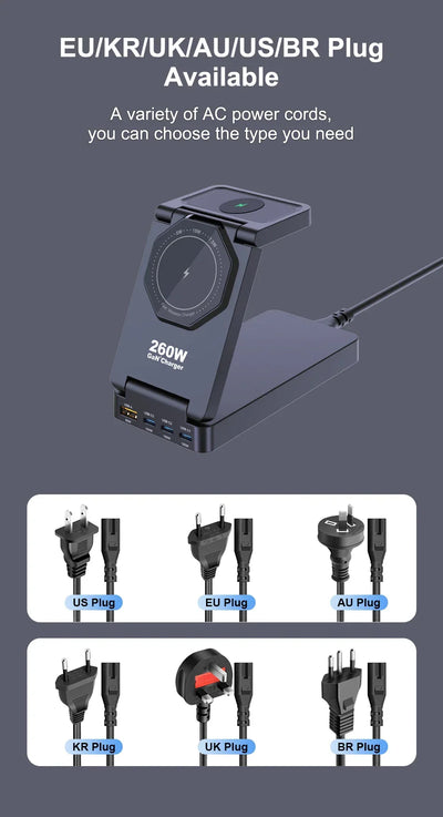 260W Magnetic Wireless Charging Station GaN USB TypeC Charger PPS PD Fast Charge For iPhone 16 15 IWatch AirPods Foldable Holder